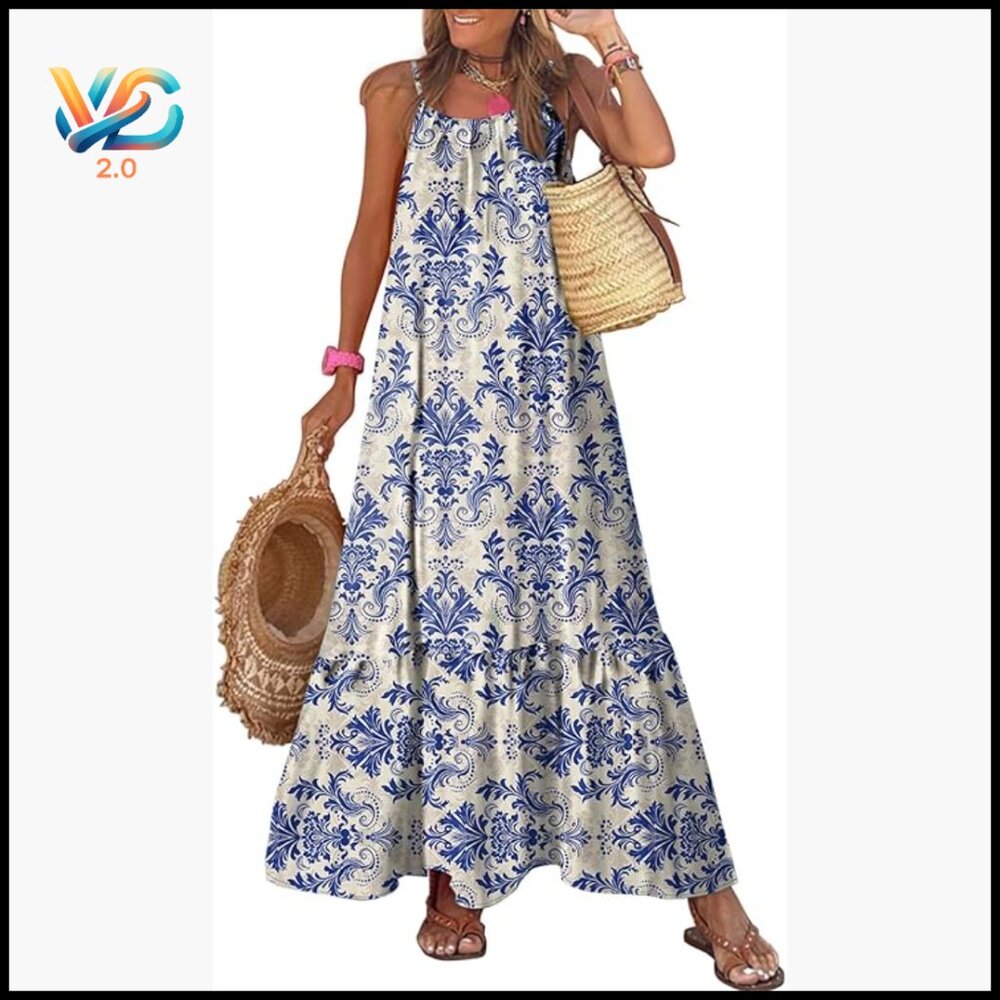 Spaghetti Strap Maxi Dress Smocked Waist Ruffle Hem Boho Floral Print